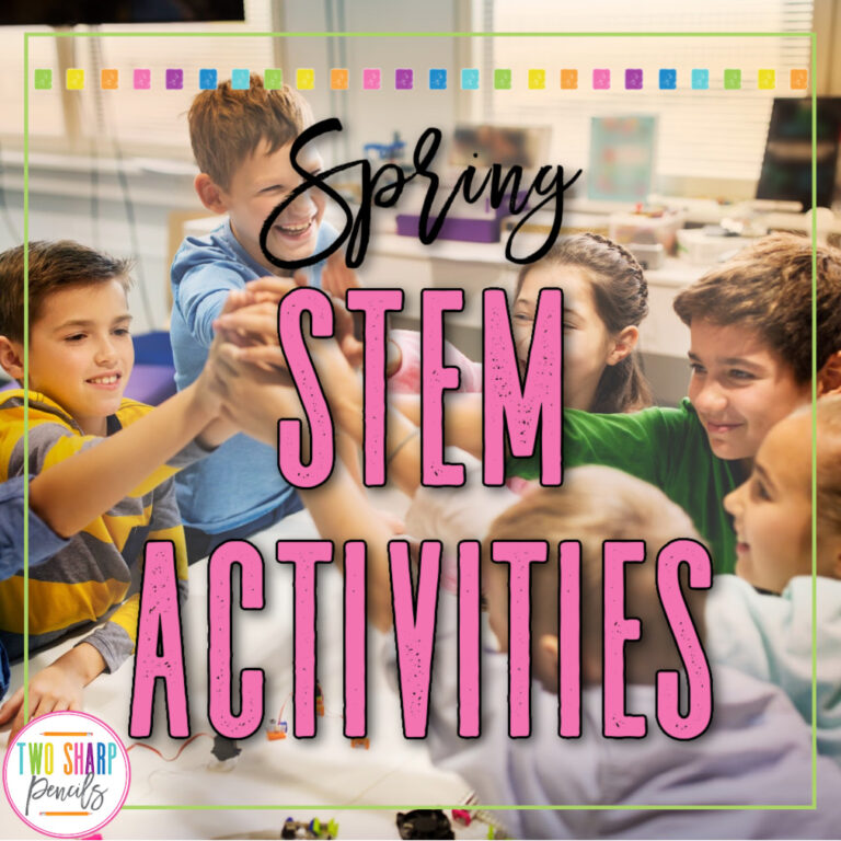 Students working on a hands-on spring STEM activity with bright, colorful materials