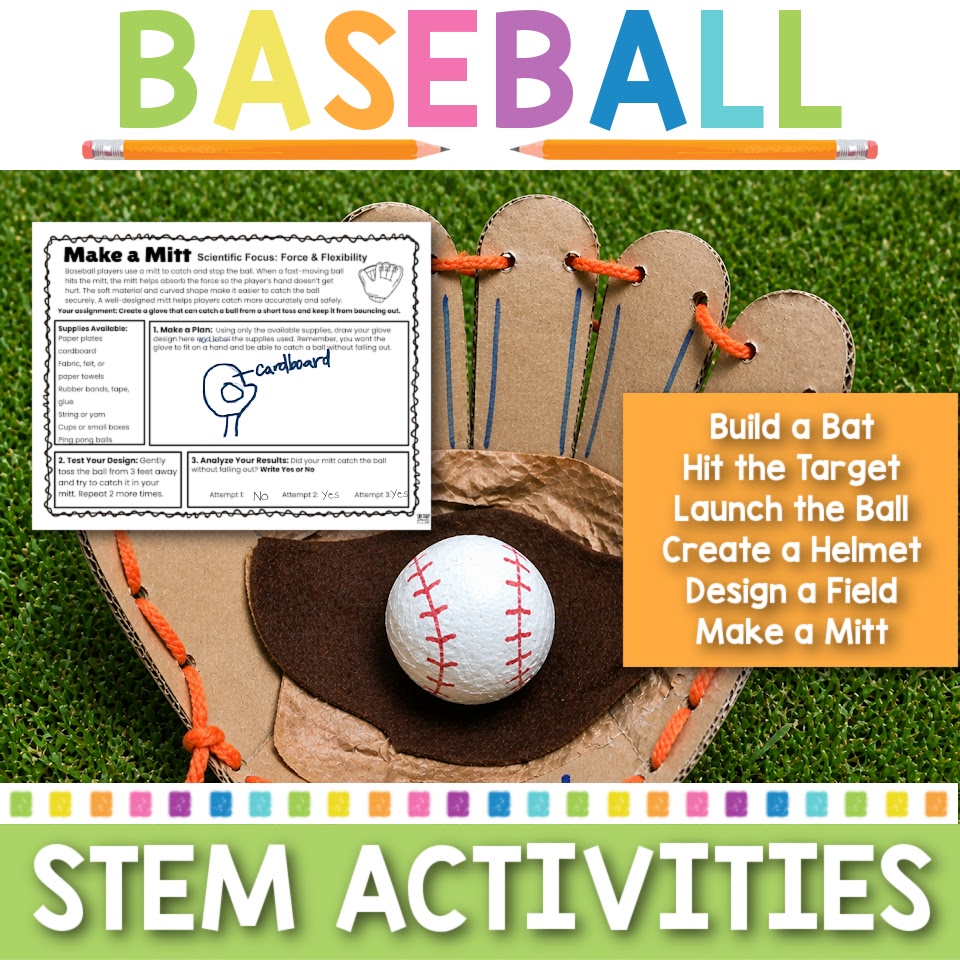 Baseball themed STEM activities for elementary classroom with engineering challenges and hands-on learning.