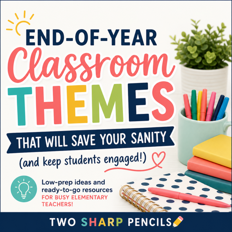 Colorful end-of-year classroom themes graphic with school supplies, featuring ideas for end of year classroom activities that keep elementary students engaged