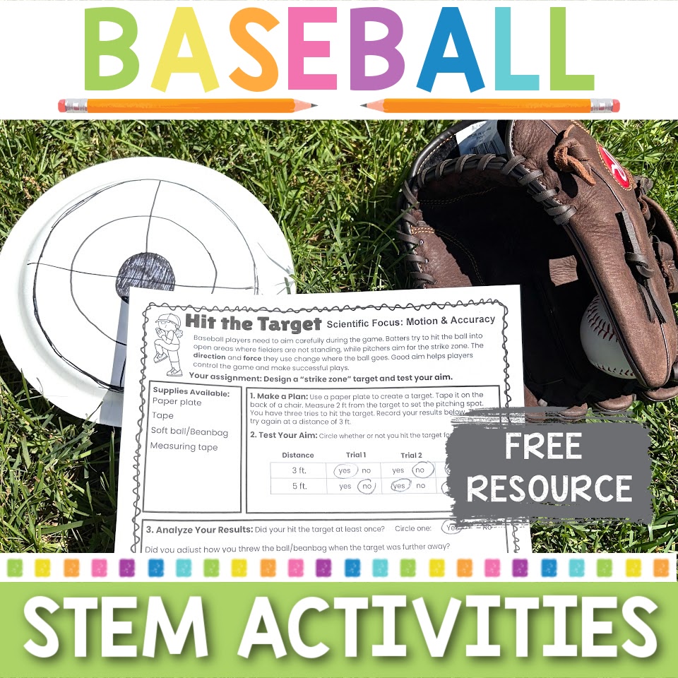Free baseball STEM activity for elementary students showing target practice experiment with paper plate, glove, and motion and accuracy worksheet